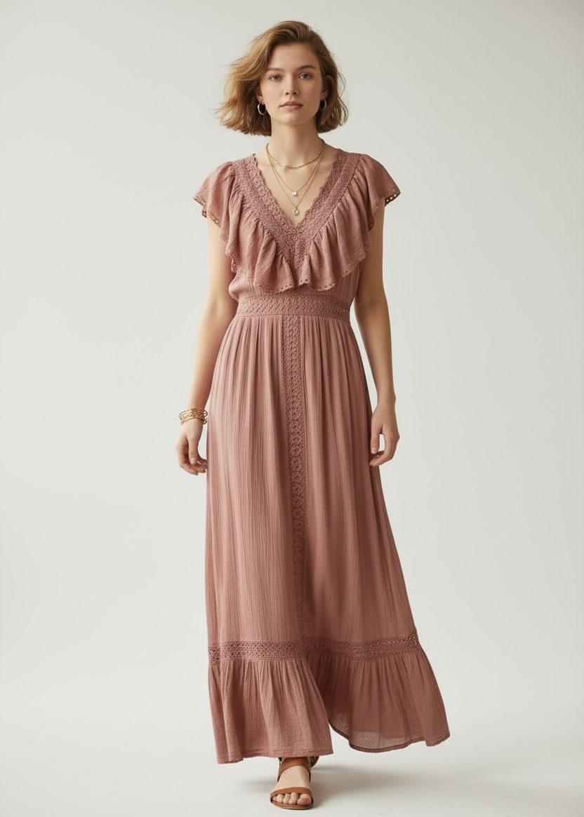 Woman wearing a pink dress against a white background