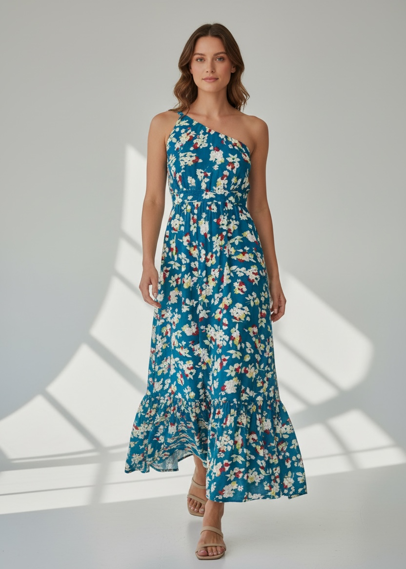Woman wearing a blue floral one-shoulder dress standing in a well-lit room with sunlight casting shadows.