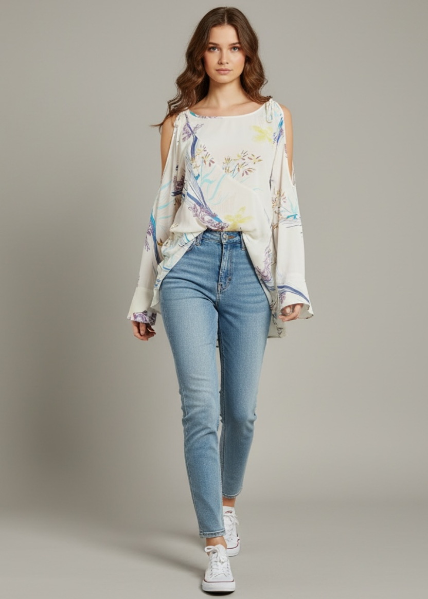 Woman wearing a floral blouse and blue jeans on a gray background