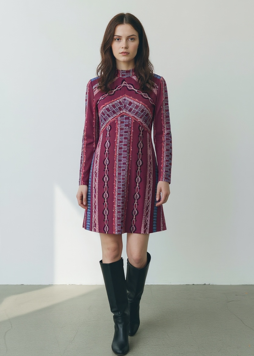 Woman wearing a patterned dress with long sleeves against a plain background