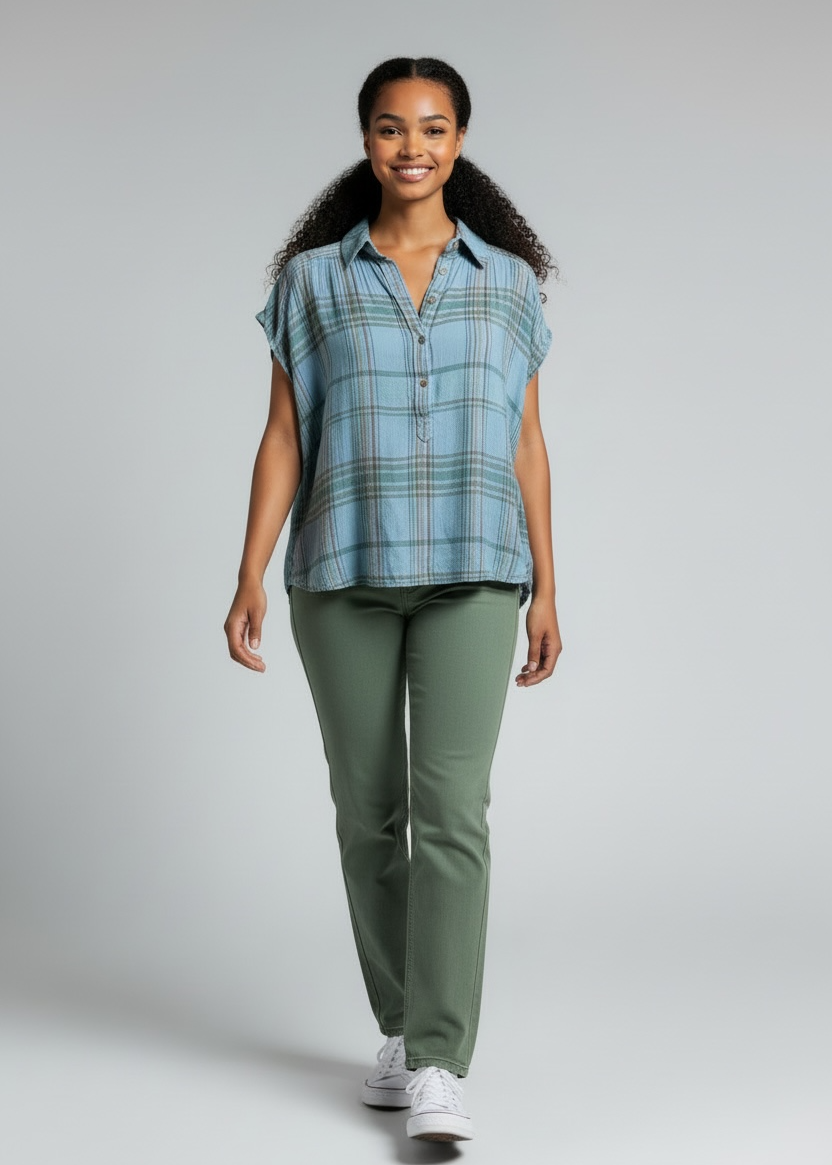 Woman wearing a blue plaid shirt and green pants on a gray background