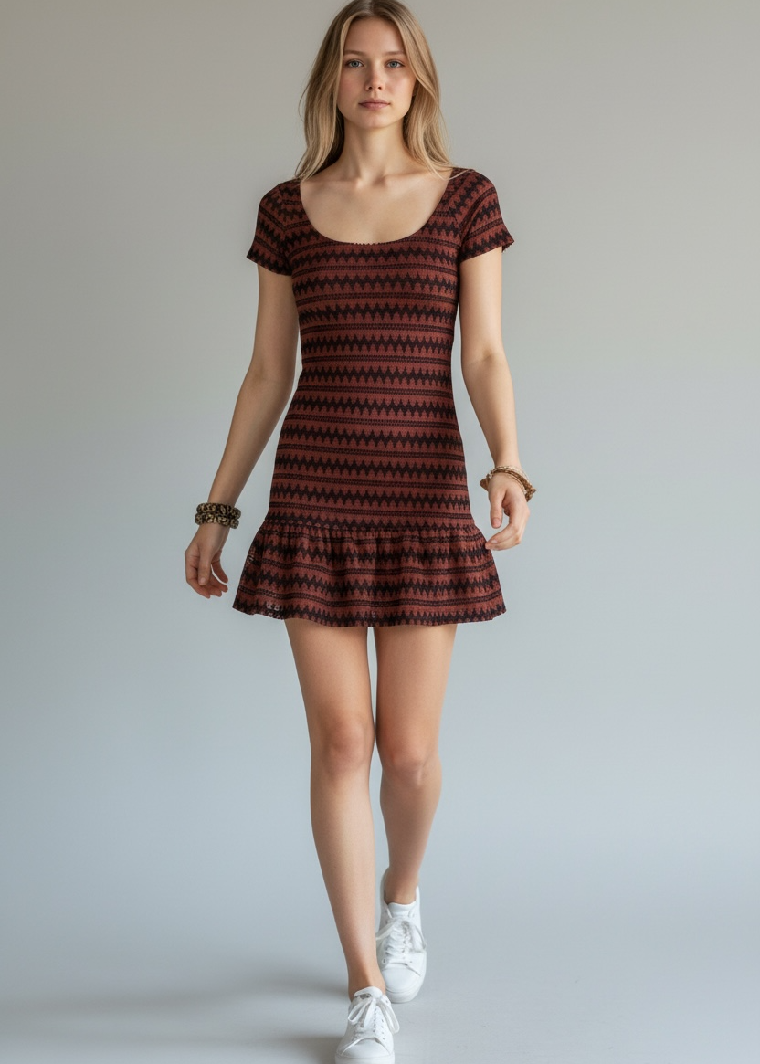 Woman wearing a patterned dress with white sneakers on a plain background
