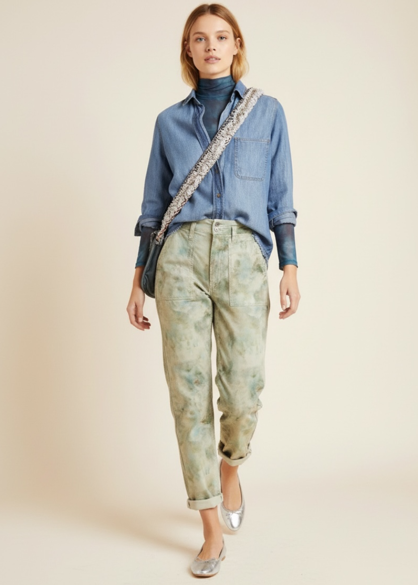 Woman wearing a blue shirt and green pants with a beige background
