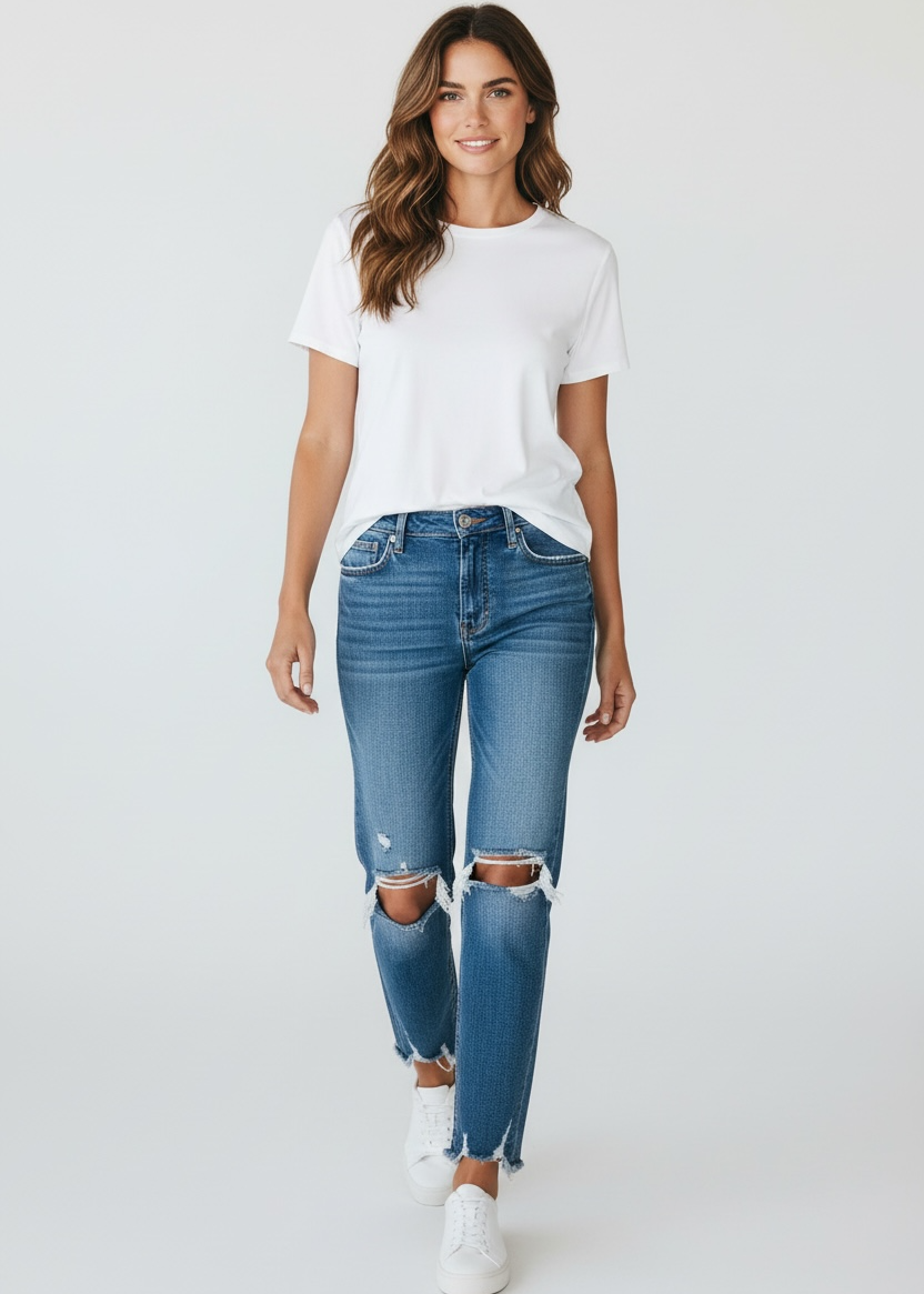 Woman wearing a white t-shirt and blue jeans on a plain background