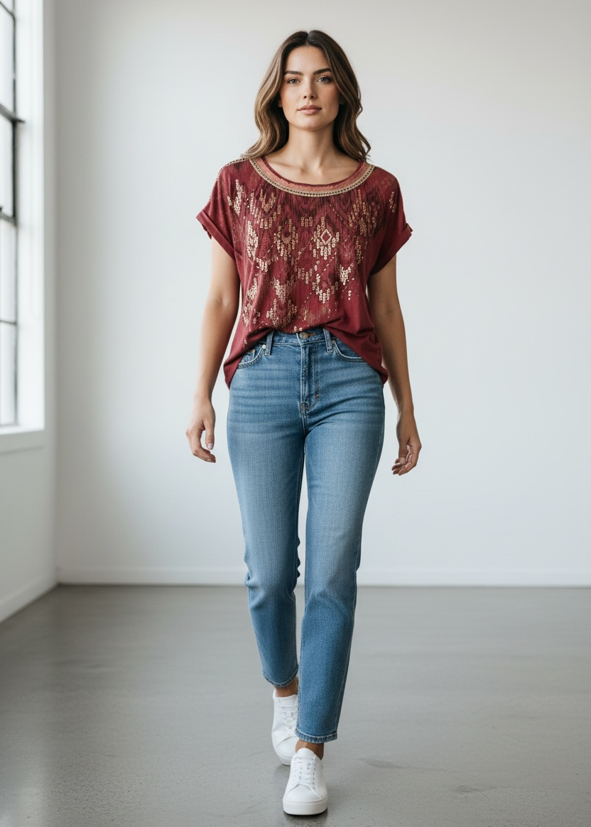 Woman wearing a red patterned top and blue jeans standing in a minimalistic room.