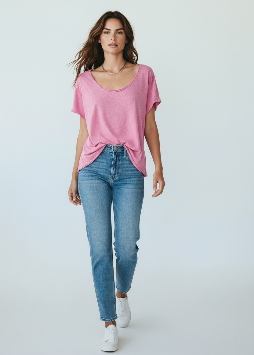 Woman wearing a pink top and blue jeans on a white background