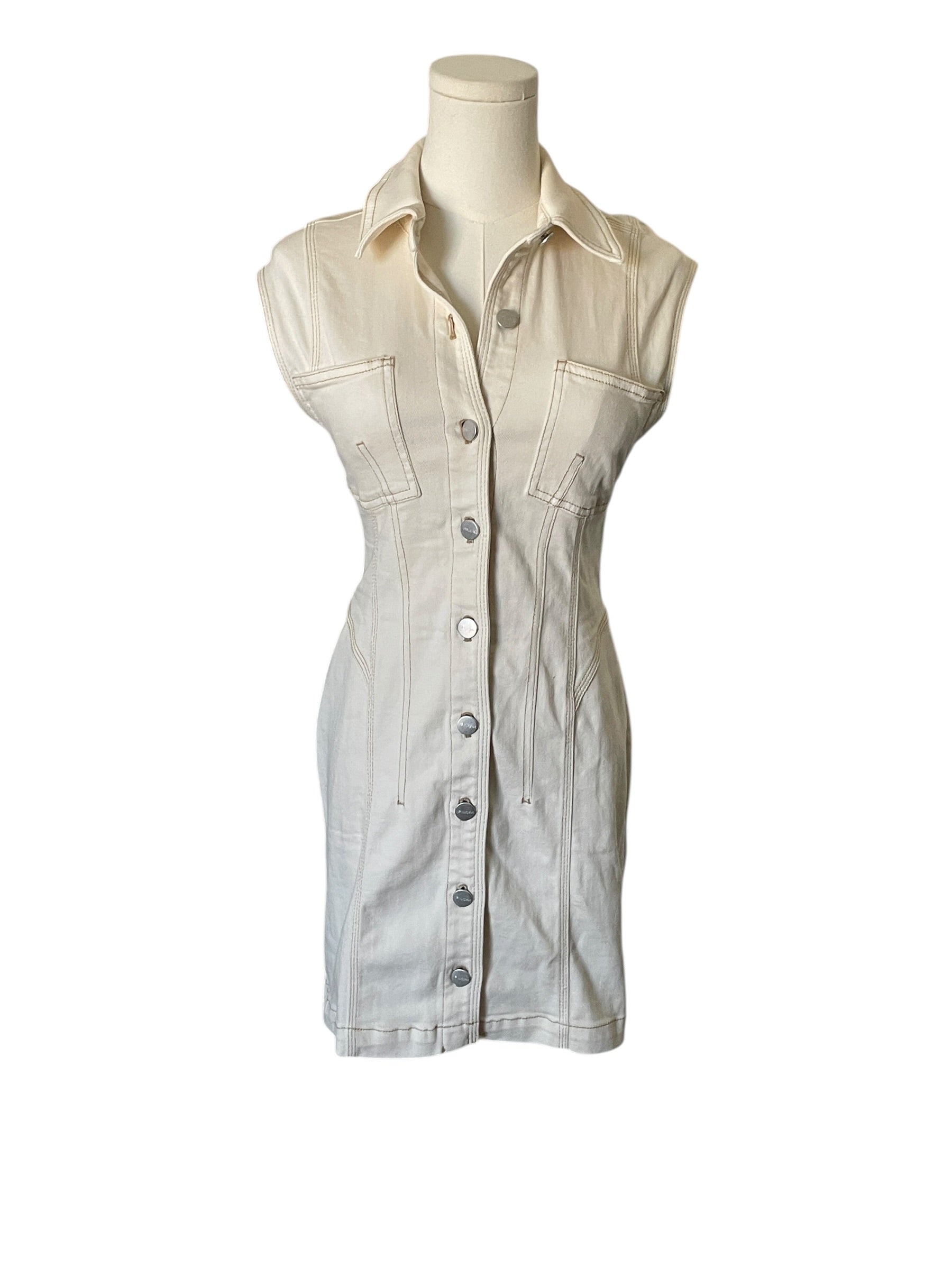 White sleeveless denim dress on a mannequin against a white background