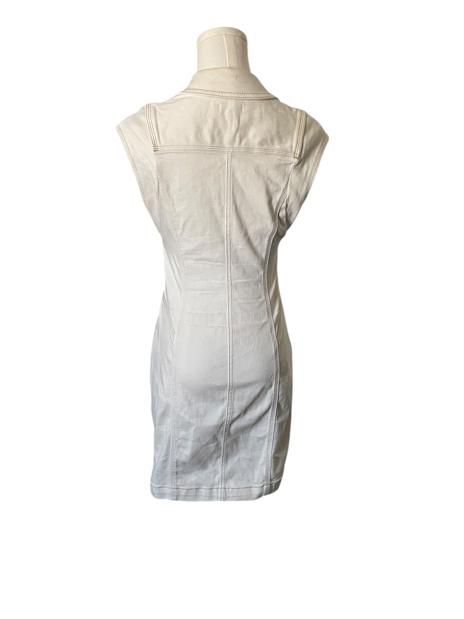 White sleeveless dress on a mannequin against a white background