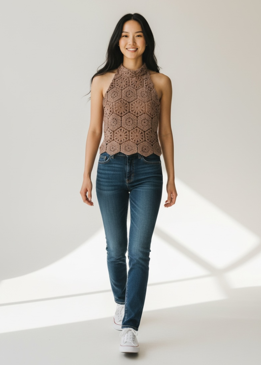Woman wearing a patterned top and blue jeans standing in a well-lit room.