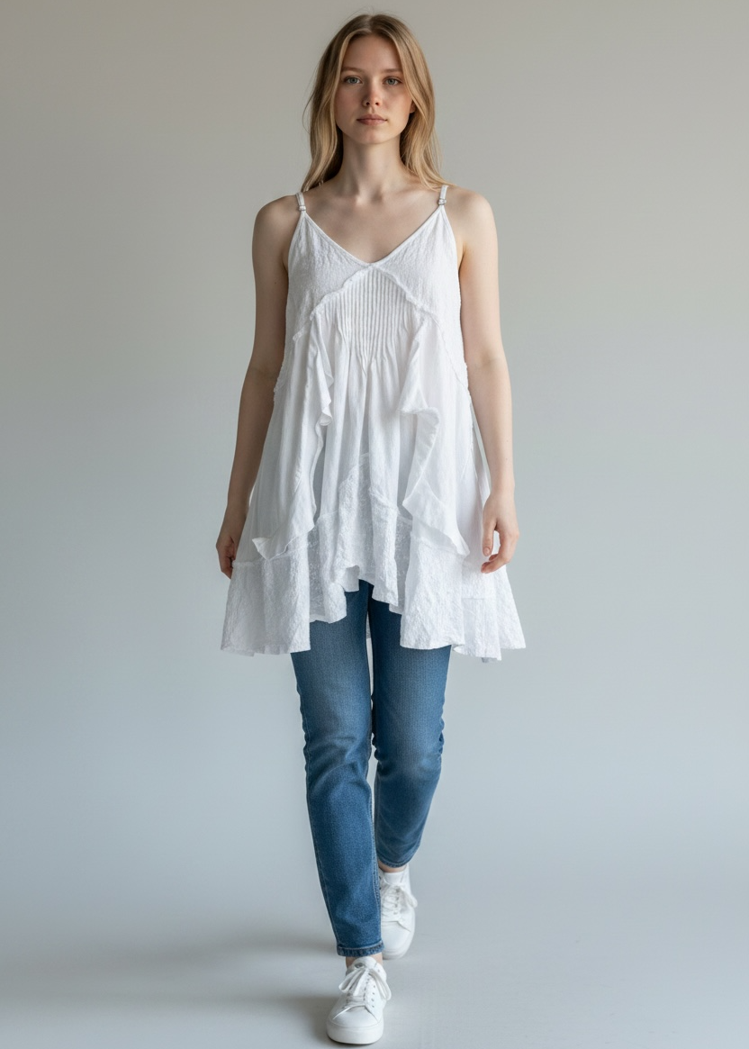 Woman wearing a white sleeveless top and blue jeans against a plain background