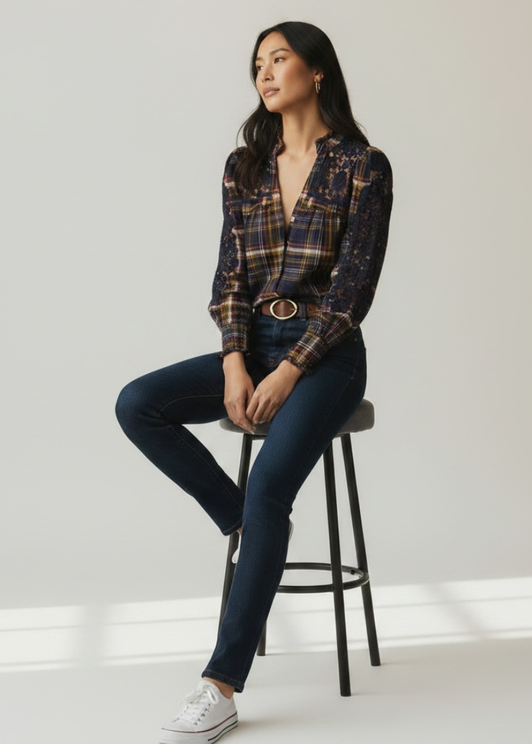 Woman sitting on a stool wearing a plaid shirt and jeans against a white background