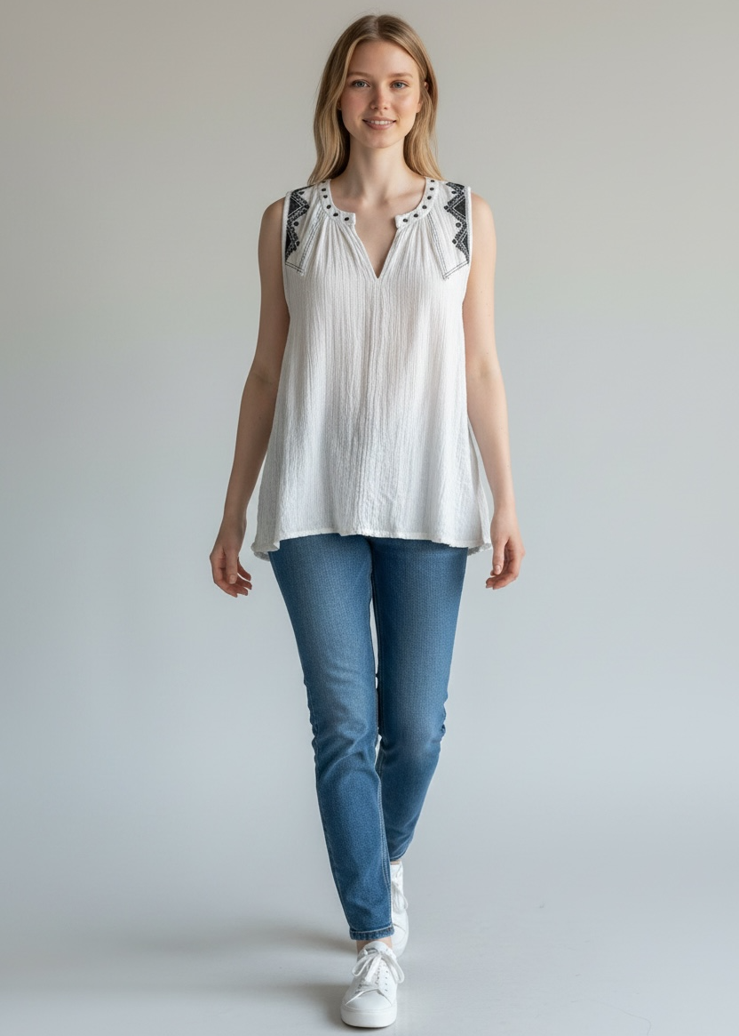 Woman wearing a white sleeveless top with black lace details and blue jeans on a plain background