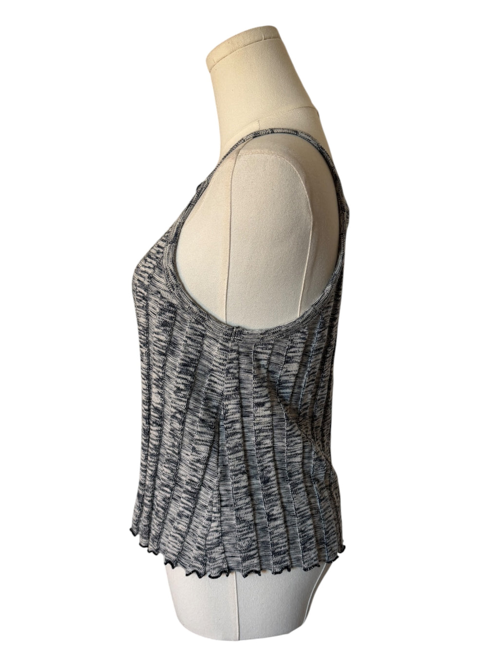 Black and gray patterned tank top on a mannequin with a white background