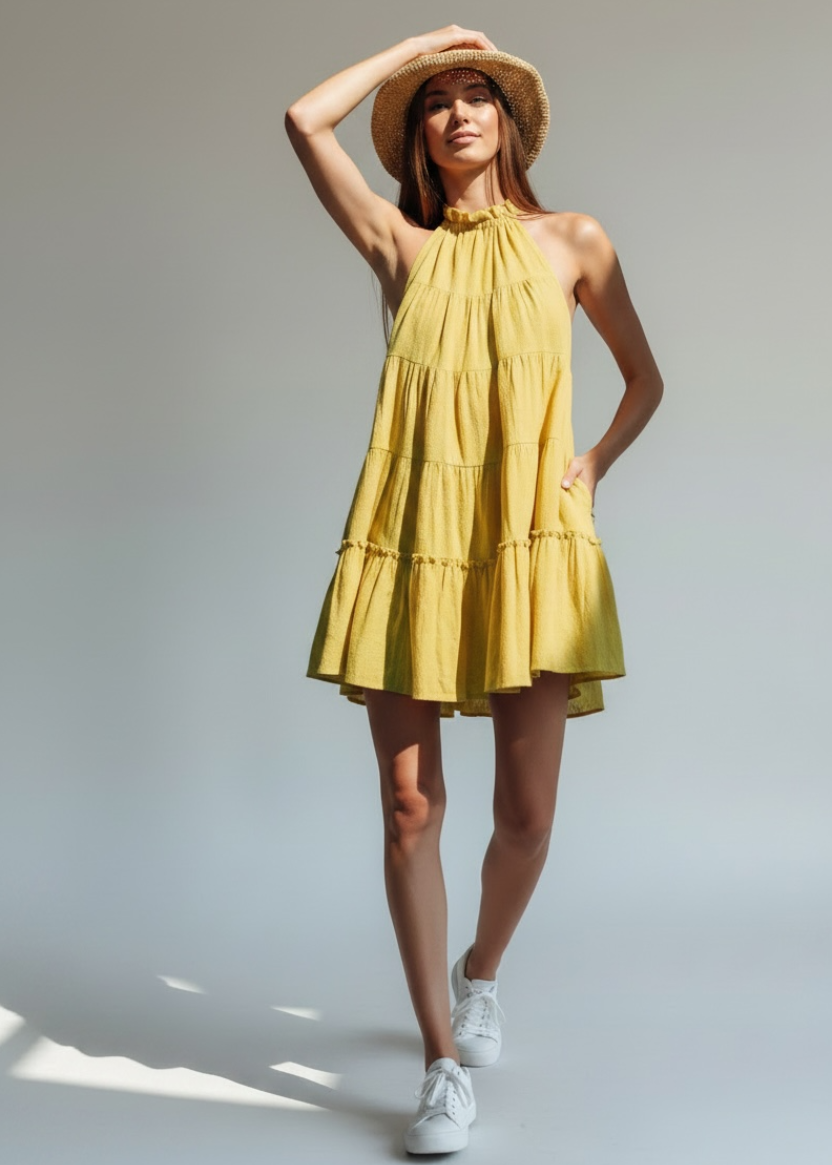 Woman wearing a yellow dress and straw hat on a plain background