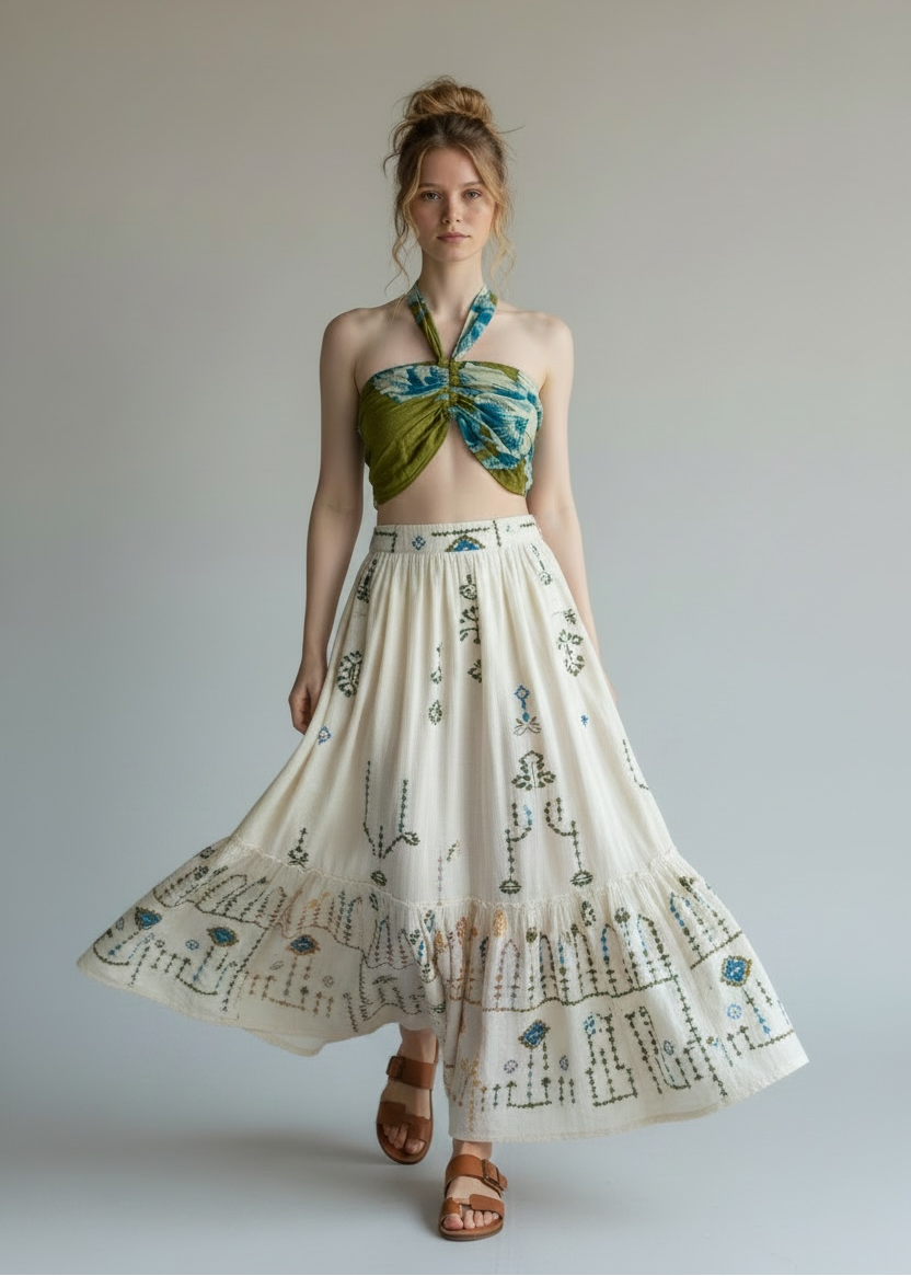Woman wearing a green top and white skirt with patterns against a plain background