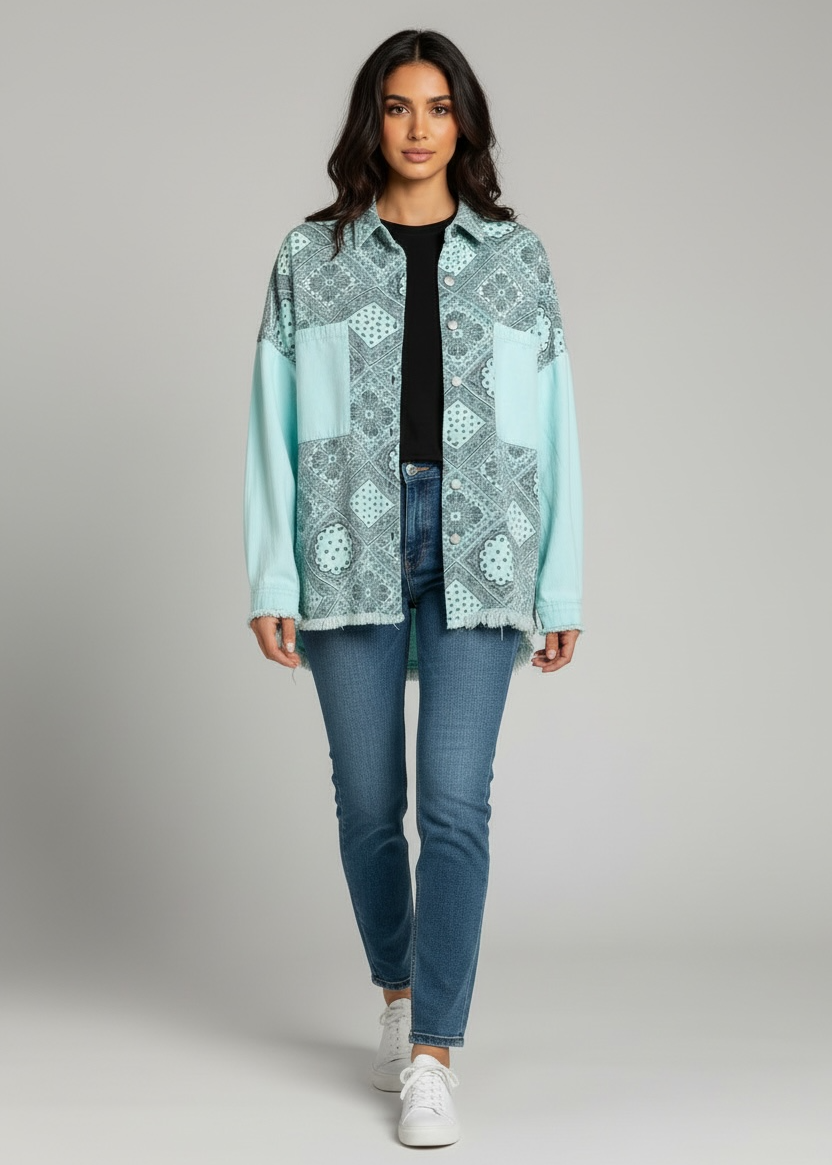 Woman wearing a light blue patterned shirt and jeans on a gray background