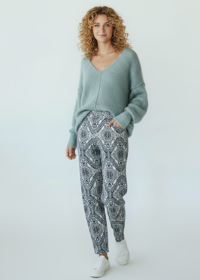 Woman wearing a light blue sweater and patterned pants on a white background
