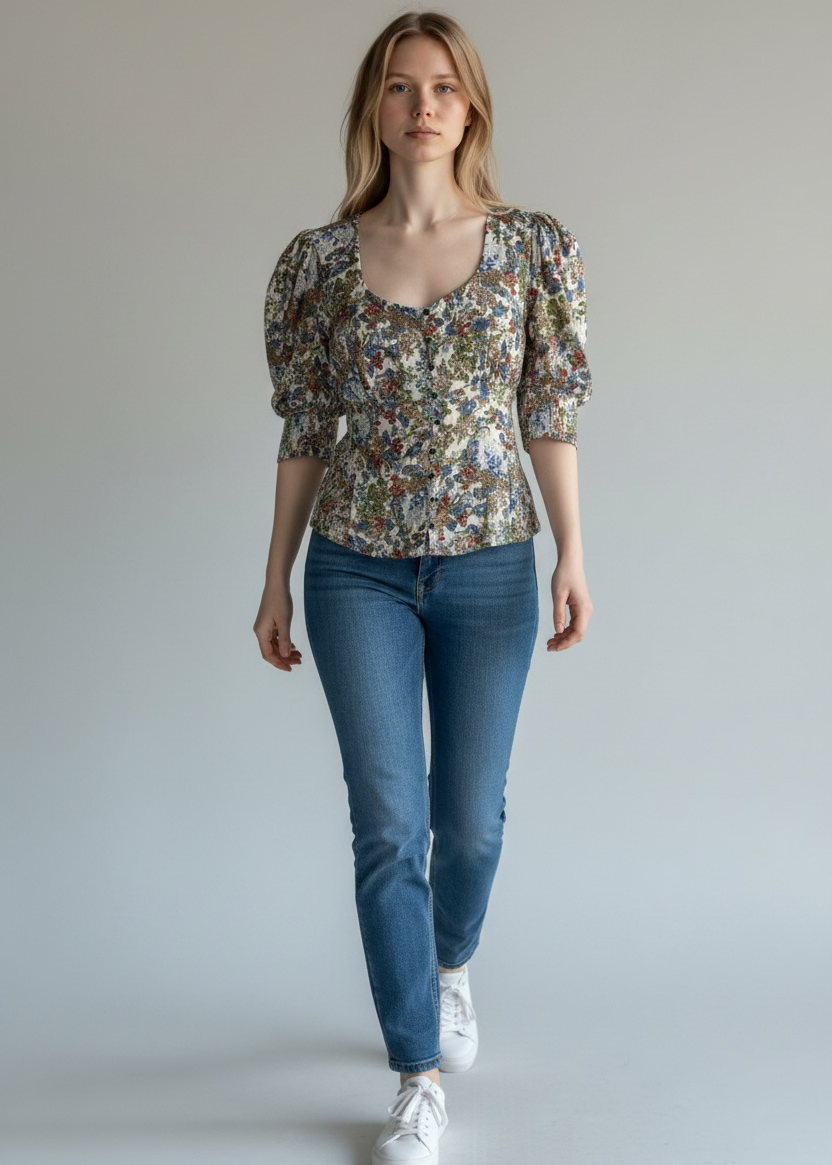 Woman wearing a floral blouse and blue jeans against a plain background