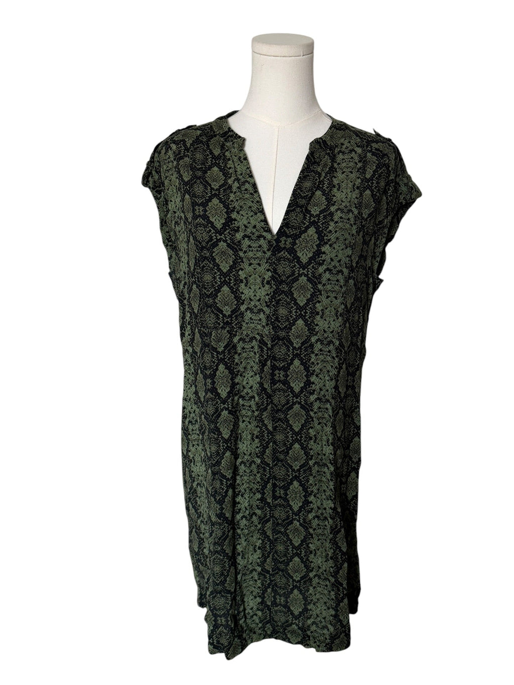 Black sleeveless dress with snake print on a mannequin against a white background