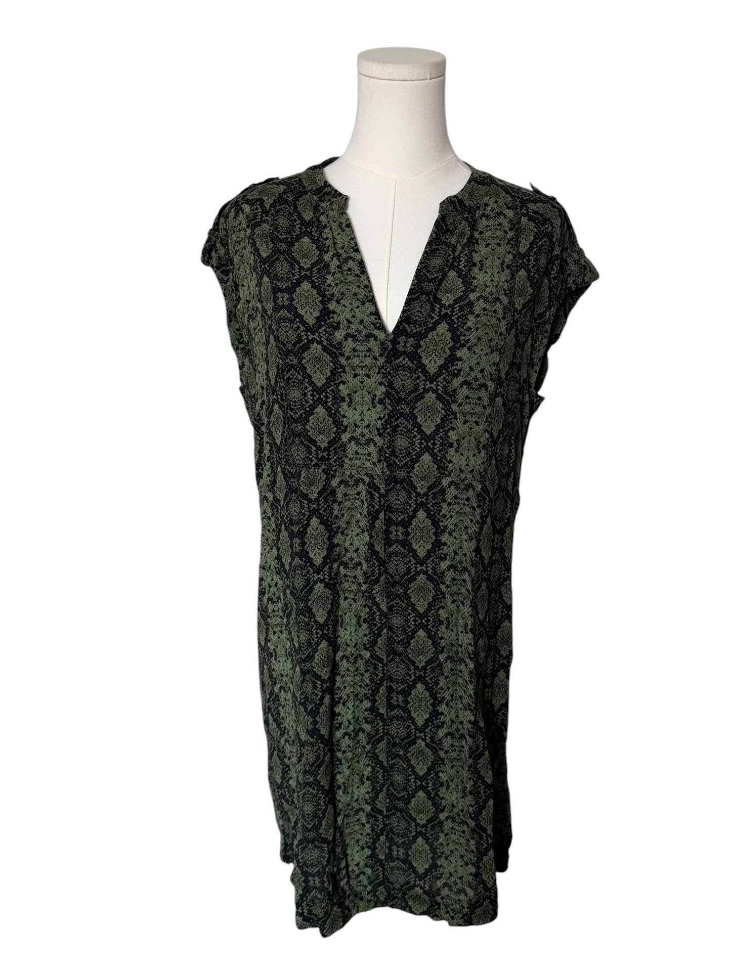 Black sleeveless dress with snake print on a mannequin against a white background