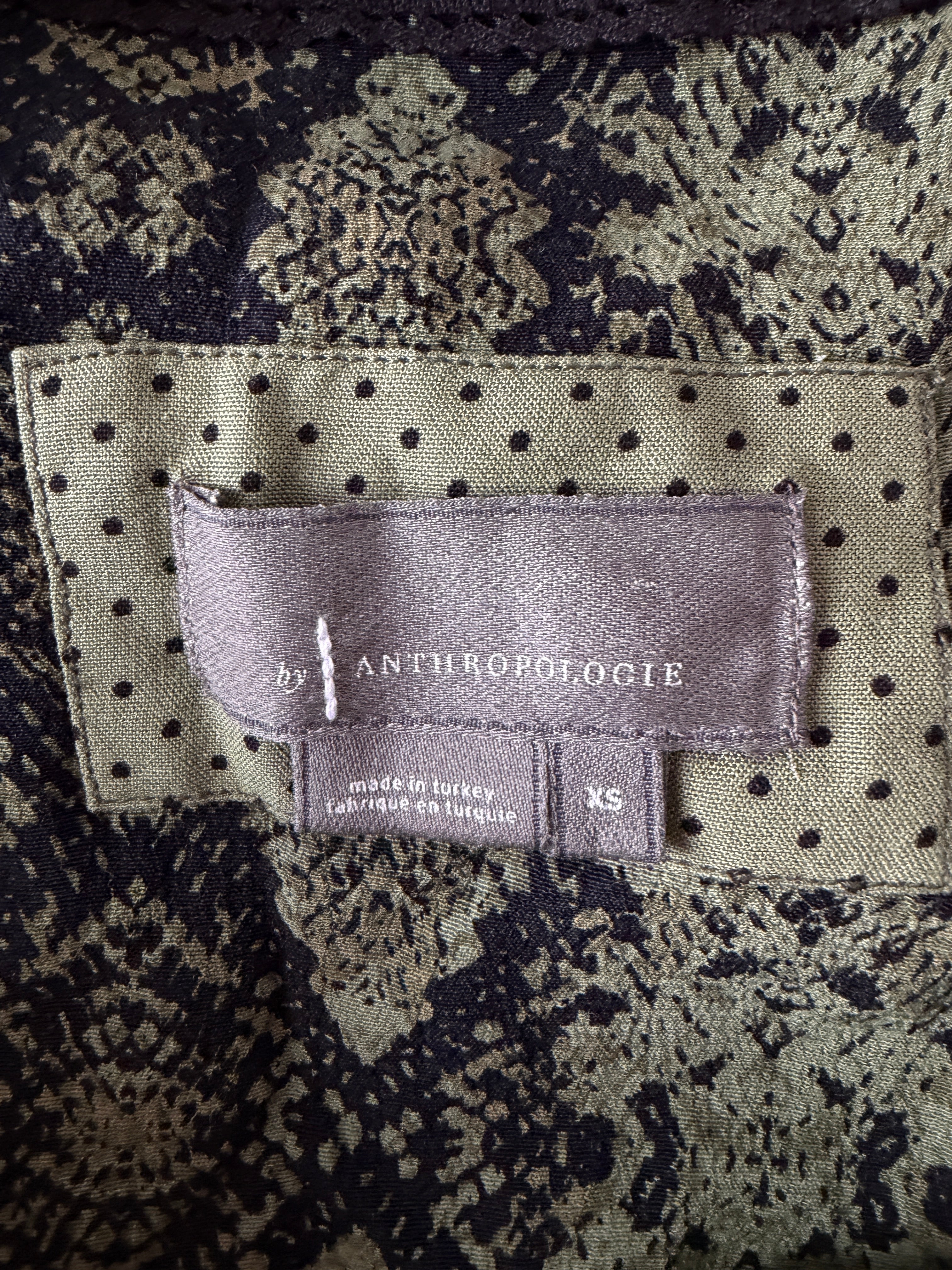 Close-up of a patterned fabric with an Anthropologie label.