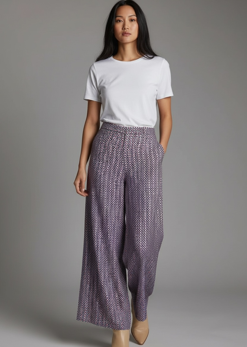 Woman wearing a white t-shirt and patterned purple pants on a gray background