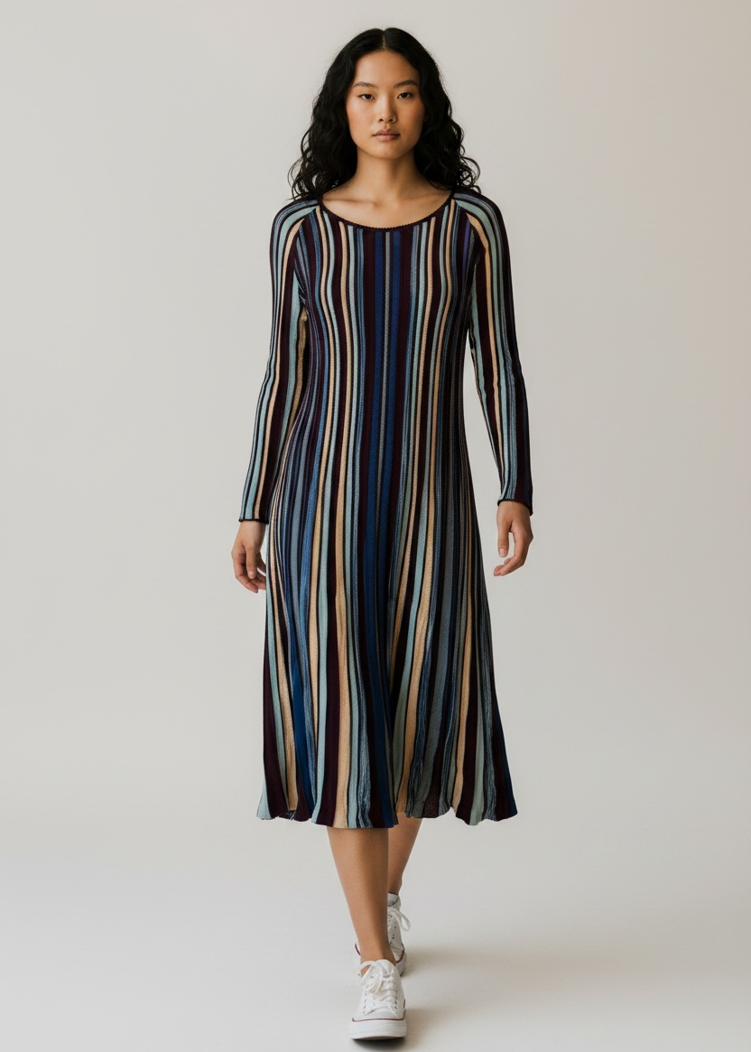 Woman wearing a striped dress on a plain background