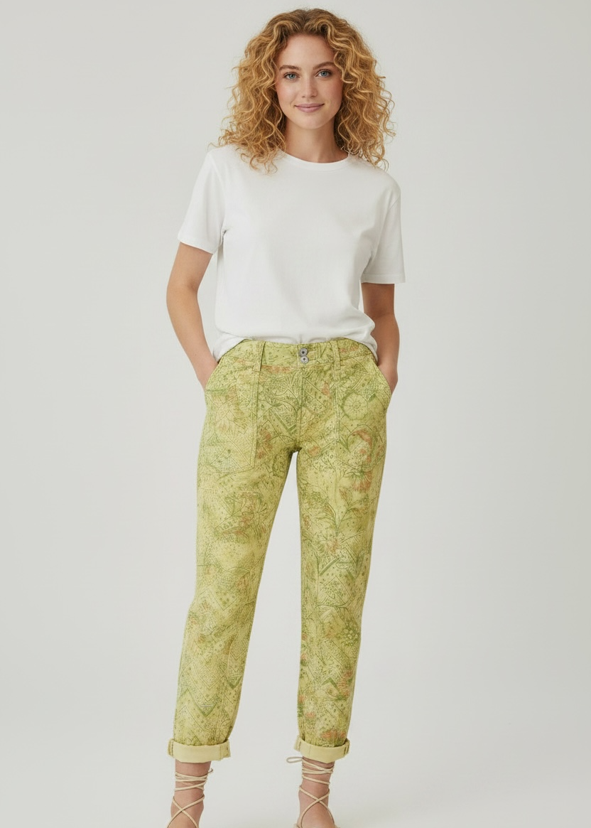 Woman wearing a white t-shirt and green patterned pants on a plain background