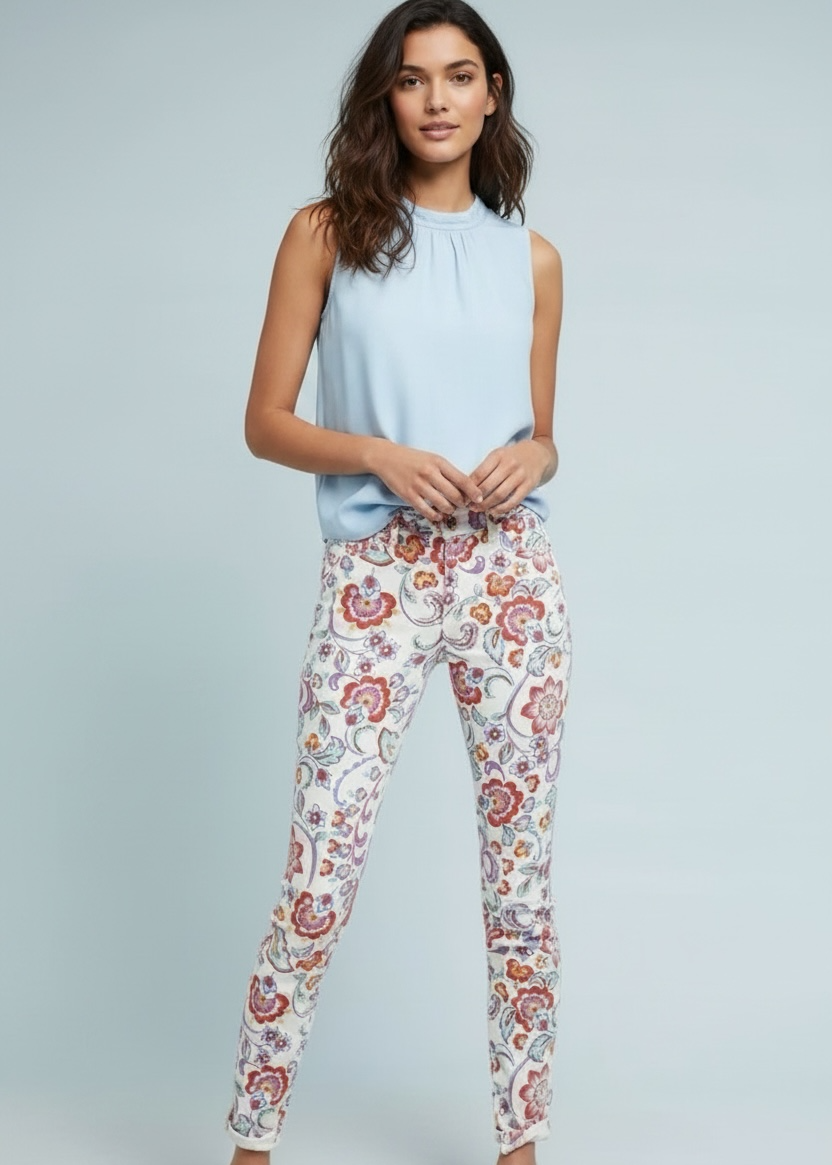 Woman wearing a light blue sleeveless top and floral pants on a plain background