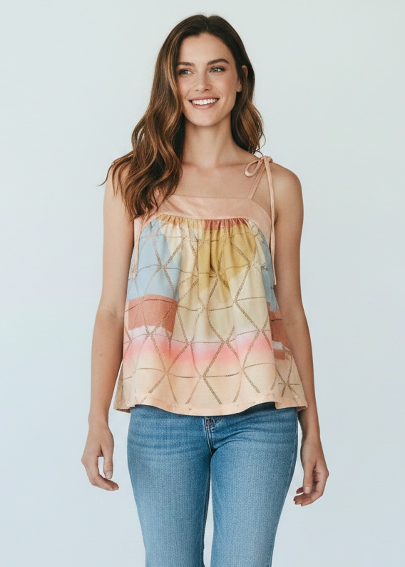 Woman wearing a colorful tank top and blue jeans on a white background