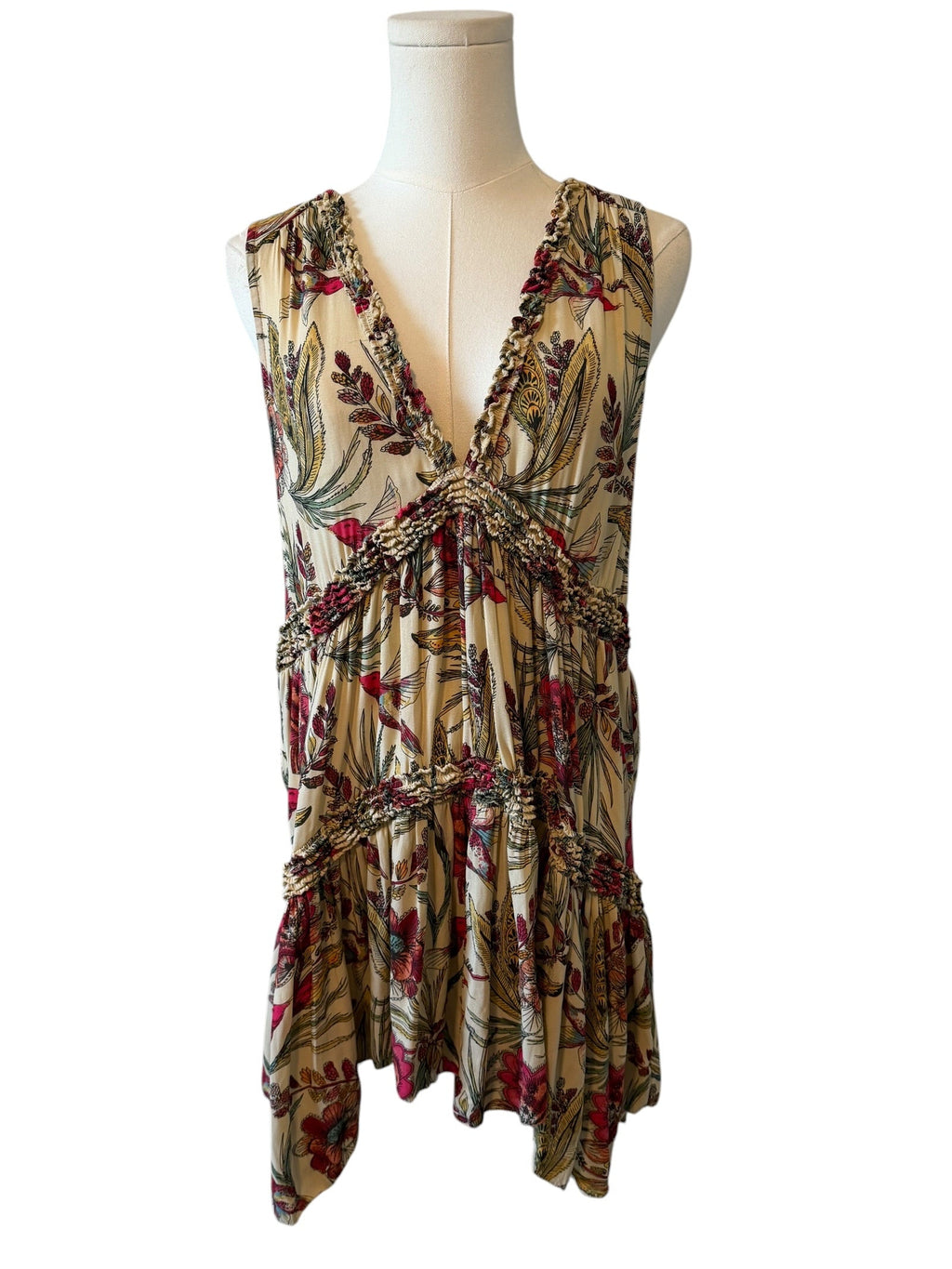 Floral patterned dress on a mannequin against a white background