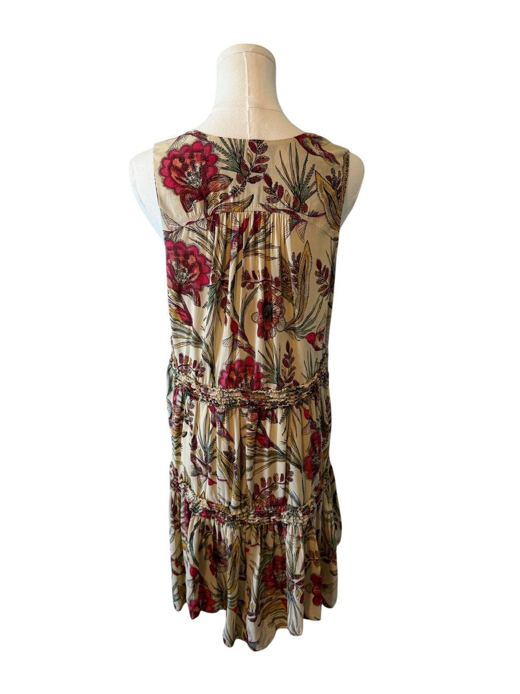 Floral dress on a mannequin against a white background