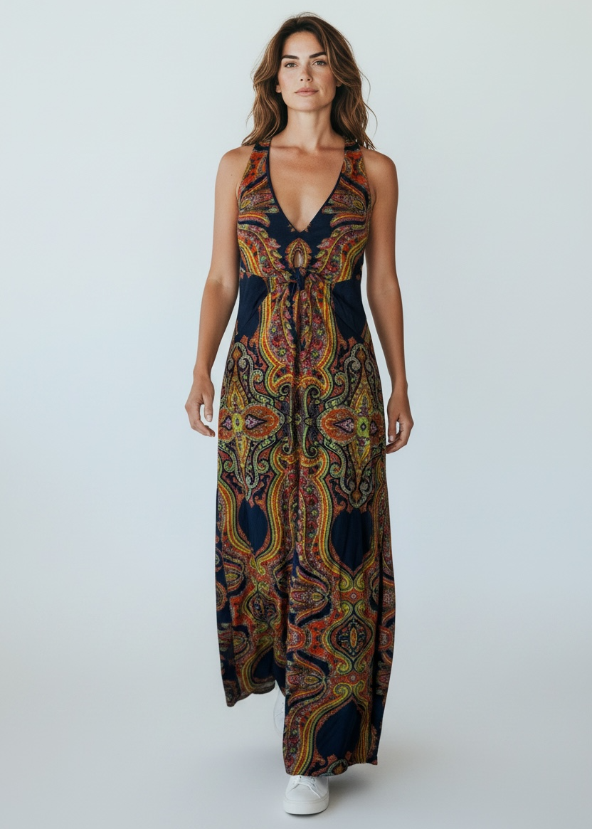 Woman wearing a patterned dress on a white background