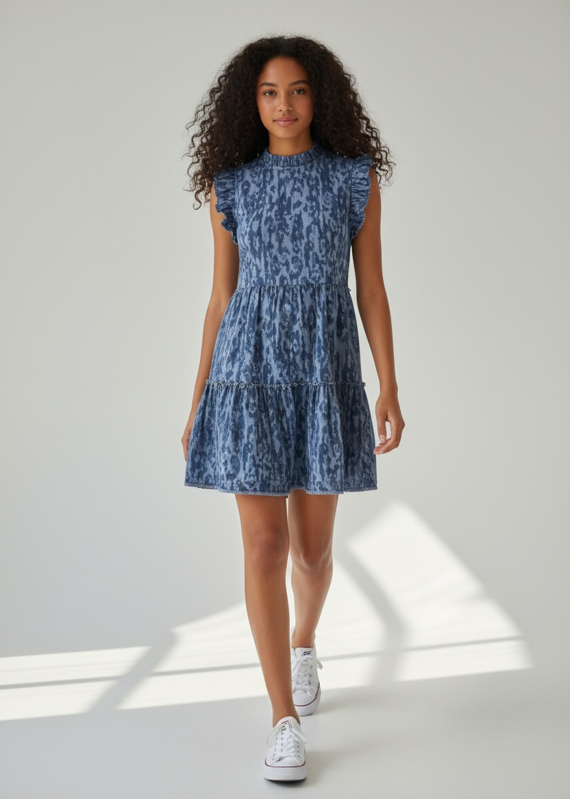Woman wearing a blue patterned dress standing against a white background