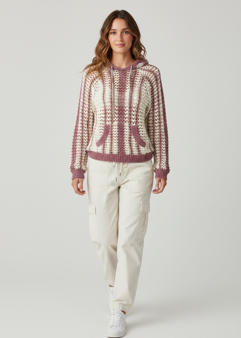 Woman wearing a patterned sweater and white pants on a light gray background