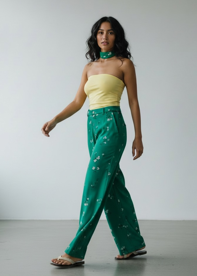 Woman wearing a yellow top and green pants against a plain background
