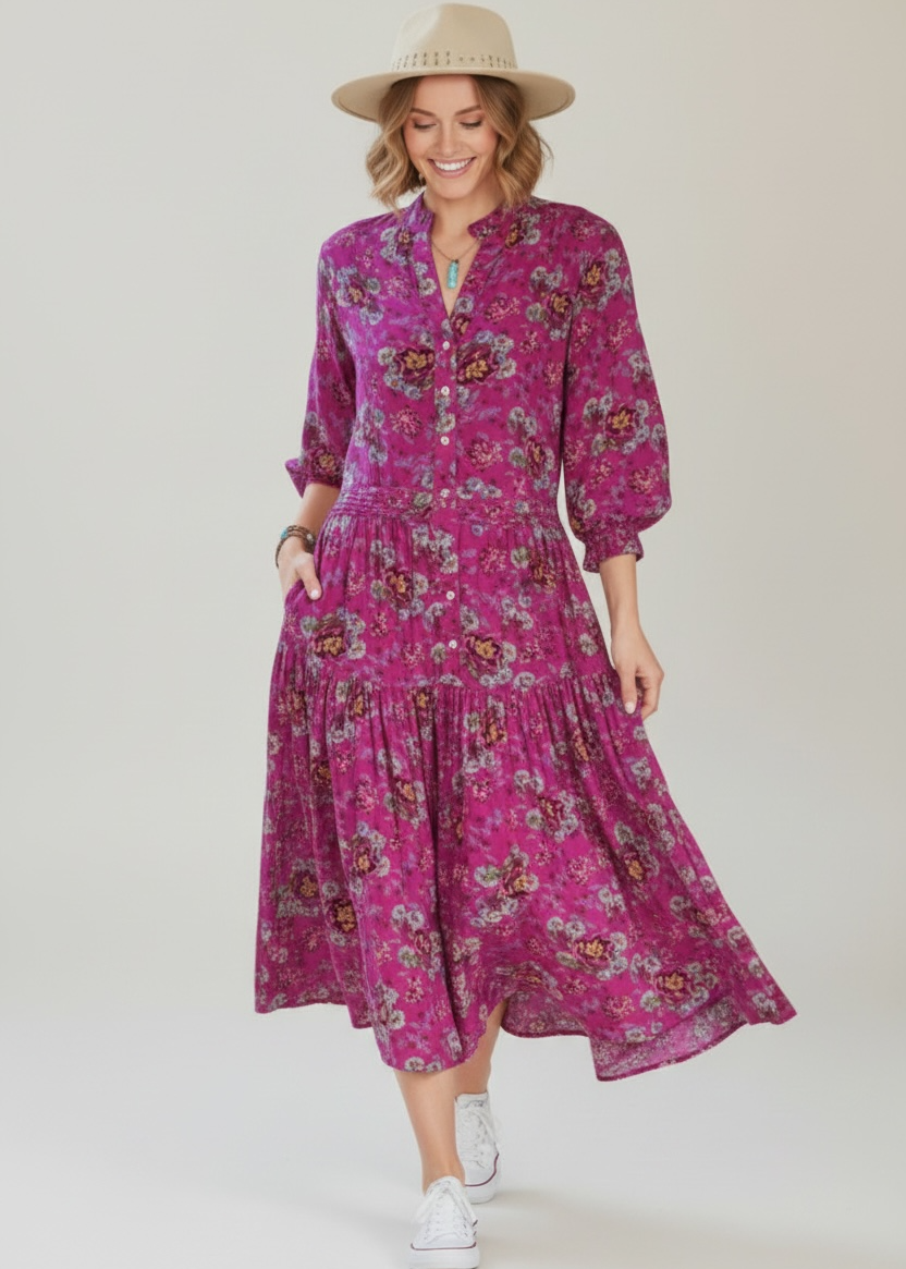 Woman wearing a pink floral dress with a beige hat on a white background