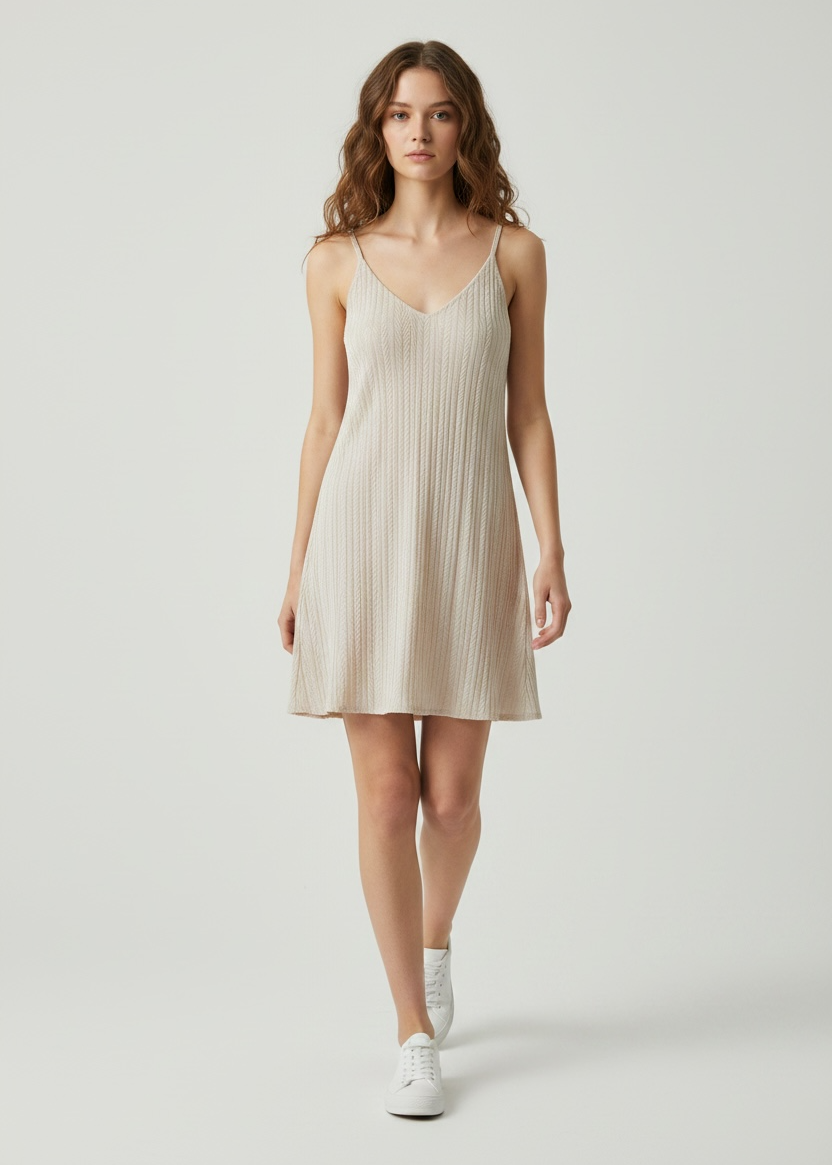 Woman wearing a beige slip dress on a white background