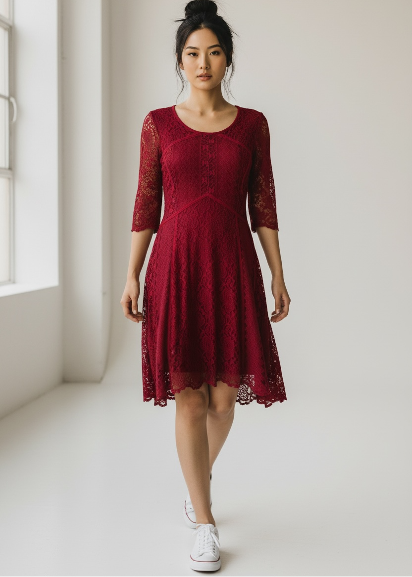 Woman wearing a red lace dress standing in a bright room with white walls.