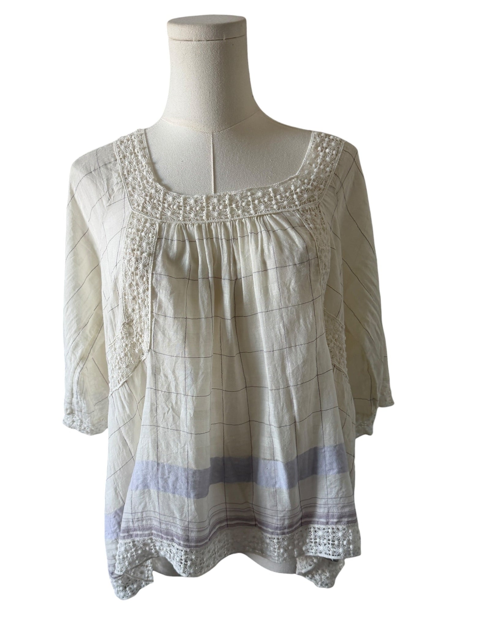 White blouse with lace details on a mannequin against a white background