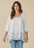 Woman wearing a white lace top and blue jeans on a beige background