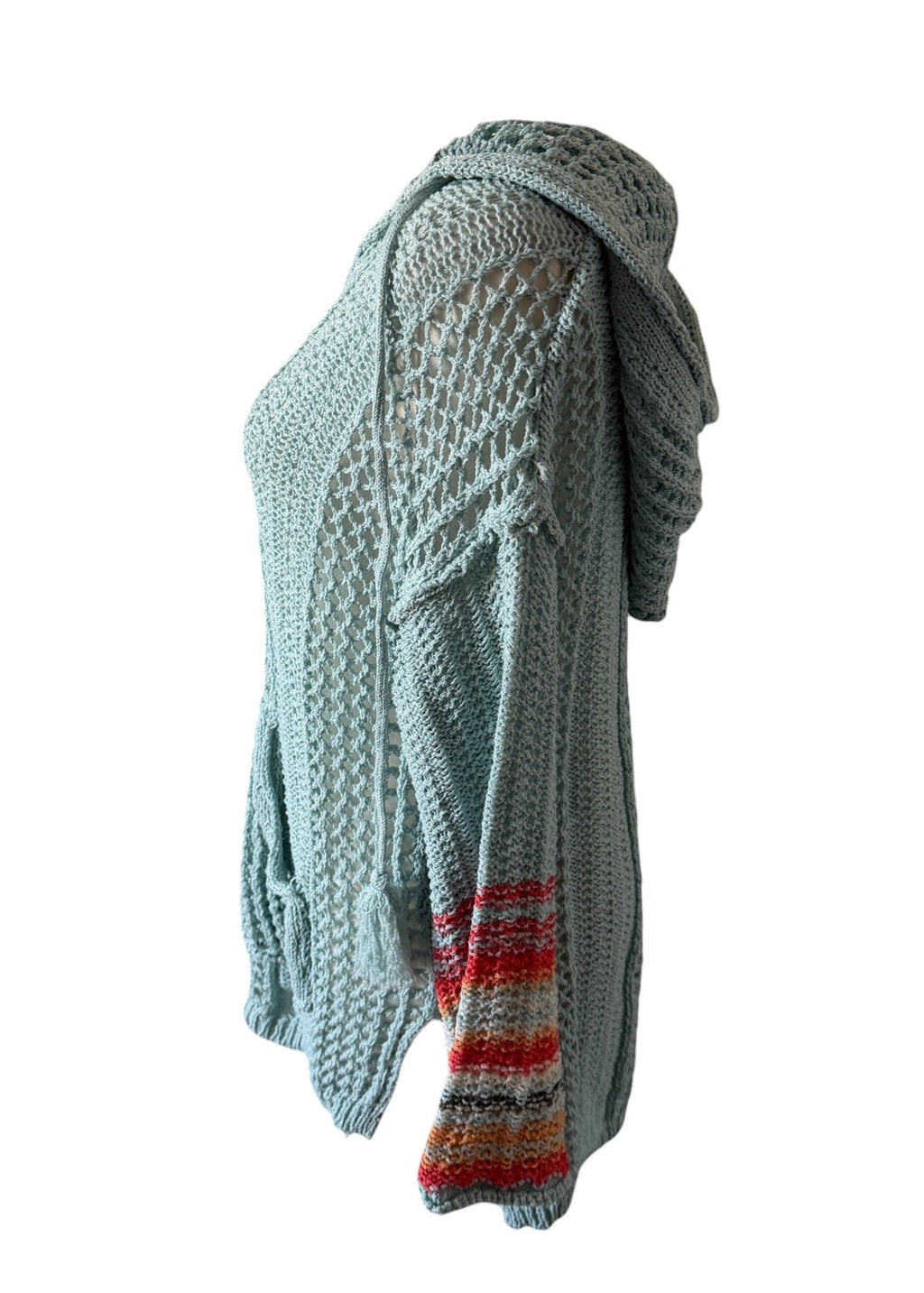 Light blue knitted scarf with a colorful pattern on a white background
