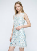 Woman wearing a floral dress on a white background