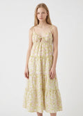 Woman wearing a floral dress on a white background