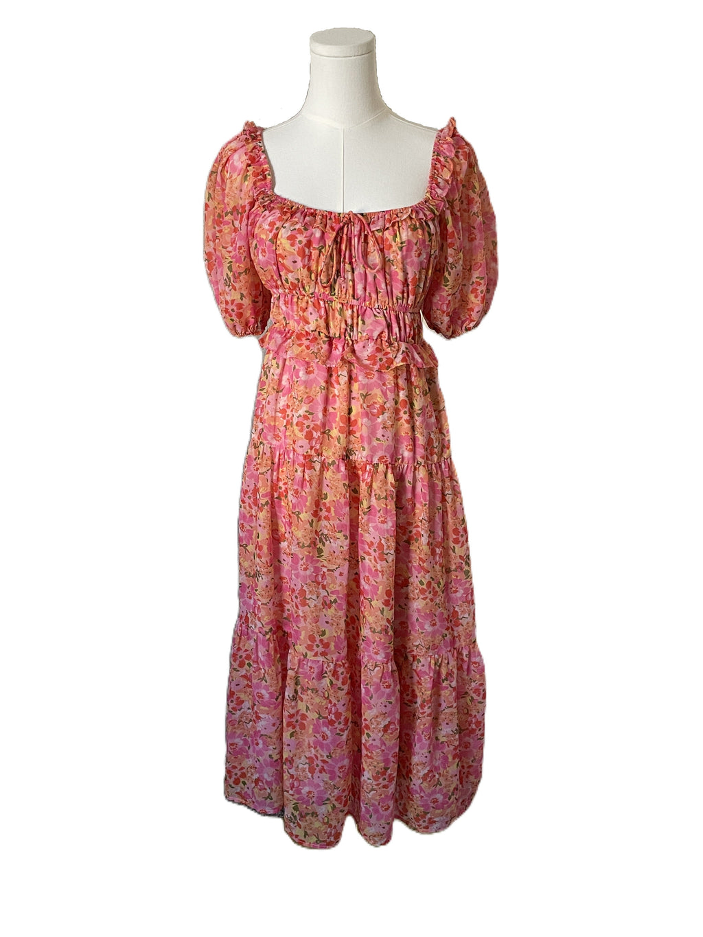 Pink and Orange Floral Midi Dress