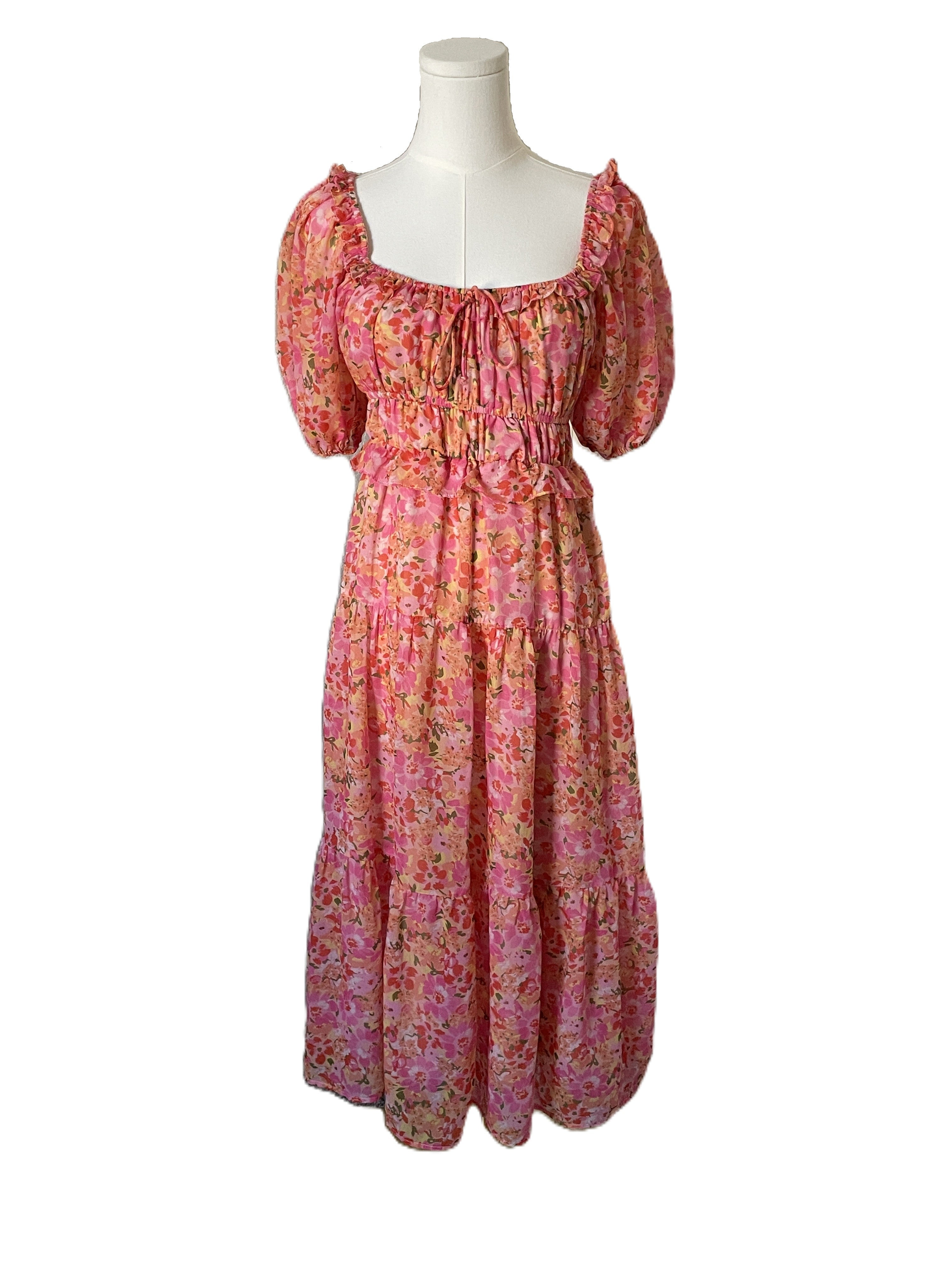 Pink and Orange Floral Midi Dress