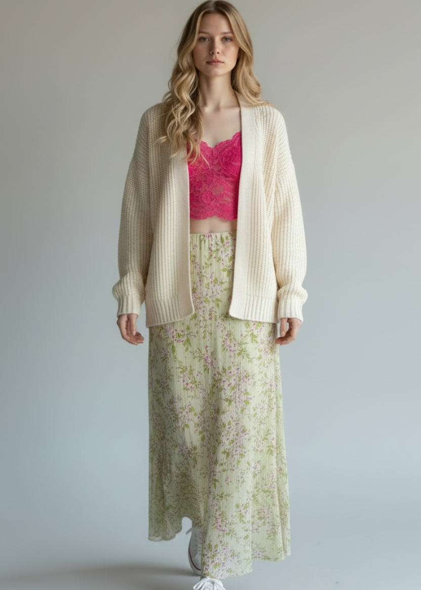 Woman wearing a pink top, cream cardigan, and floral skirt against a plain background