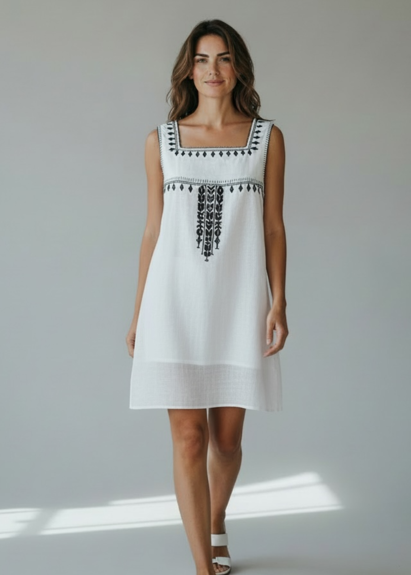 Woman wearing a white dress with black embroidery standing against a plain background