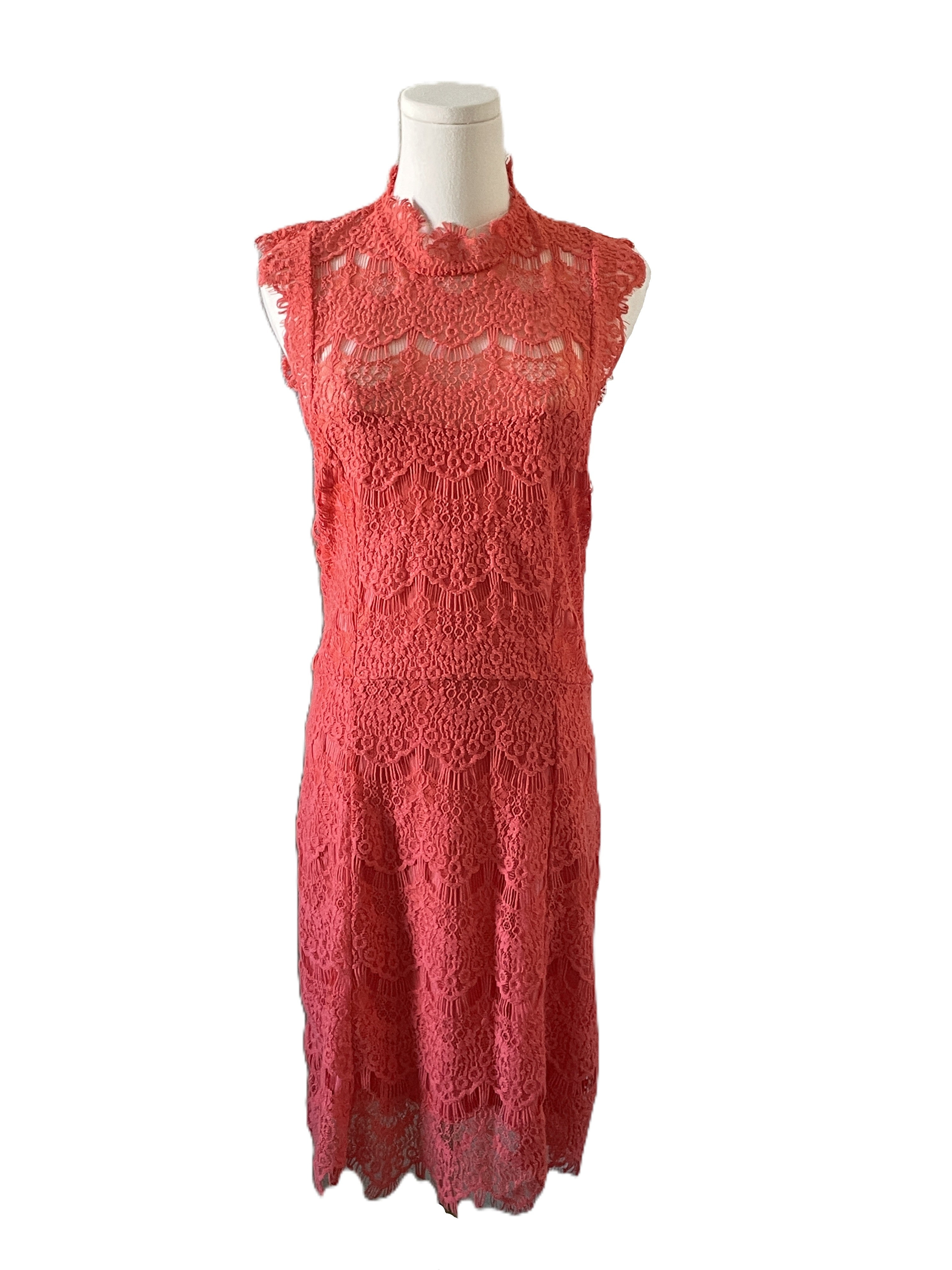Coral lace mini dress with open back 