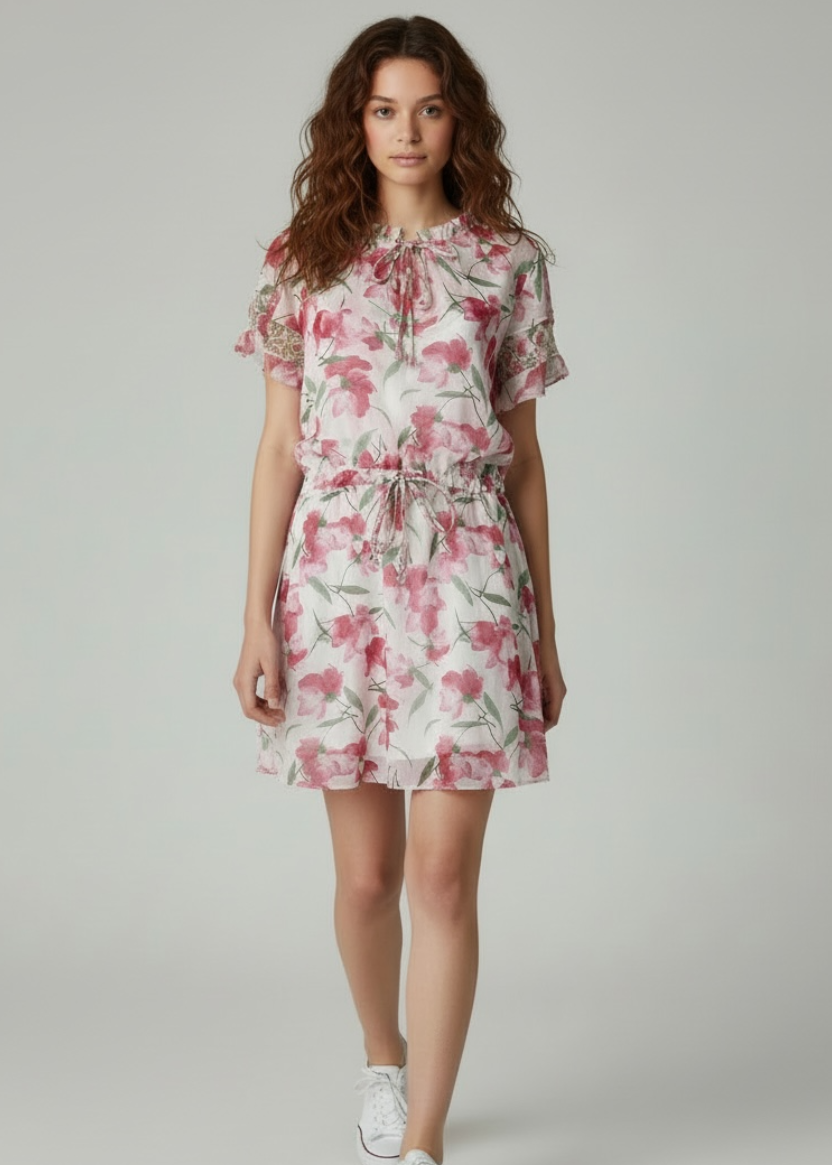 Woman wearing a floral dress on a plain background